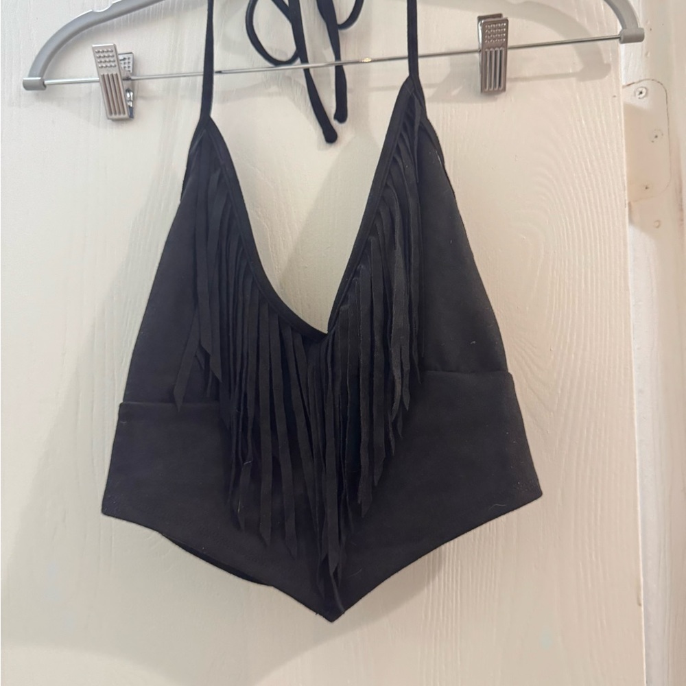 Black Fringe Halter Top